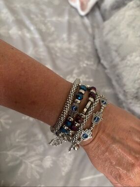 Silver Hamsa and Blue Bead Stackable Bracelet Set 5